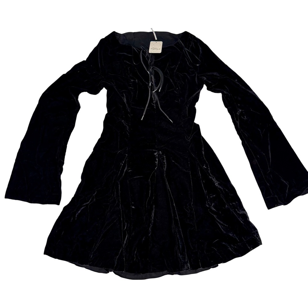 Free People Black Velvet Lace Up Bell Sleeve Mini Dress Size 0 OB102936325